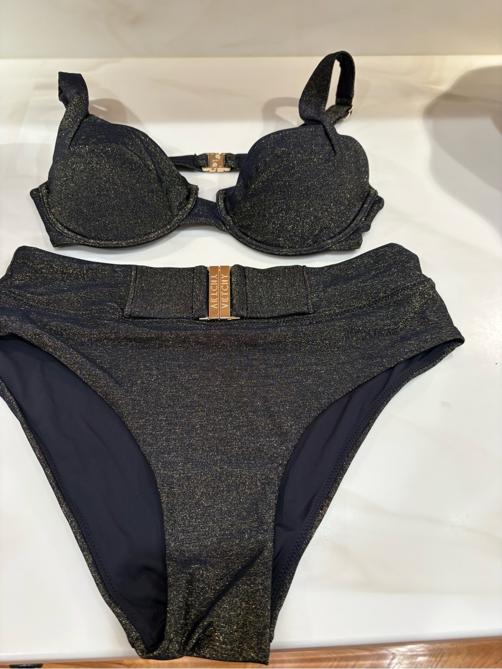 Vetchy Black Shimmery High-Waist Bikini Set-NWOT